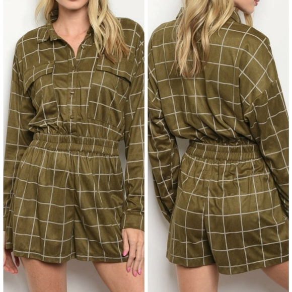 LE LIS OLIVE LONG SLEEVED CHECKERED SHORTS ROMPER - Picture 3 of 8